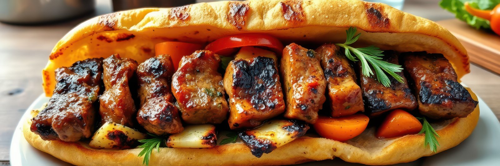 Grilled meat sandwich with fresh vegetables served on a wooden table in a casual dining setting